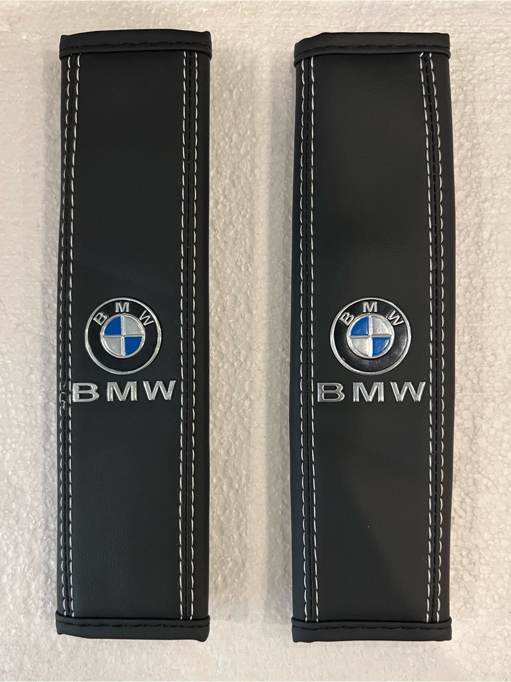 BMW Black Leather, Silver & Blue Seat Belt Shoulder Cushion Pads